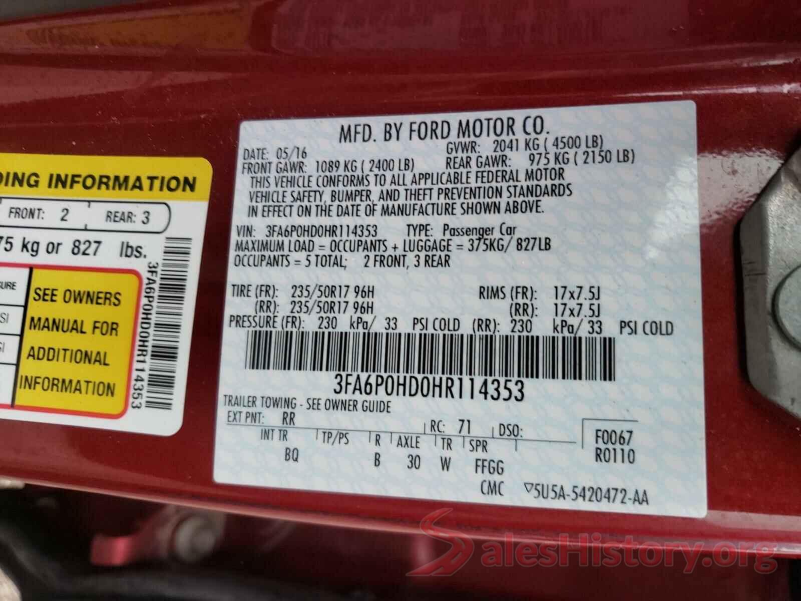 3FA6P0HD0HR114353 2017 FORD FUSION