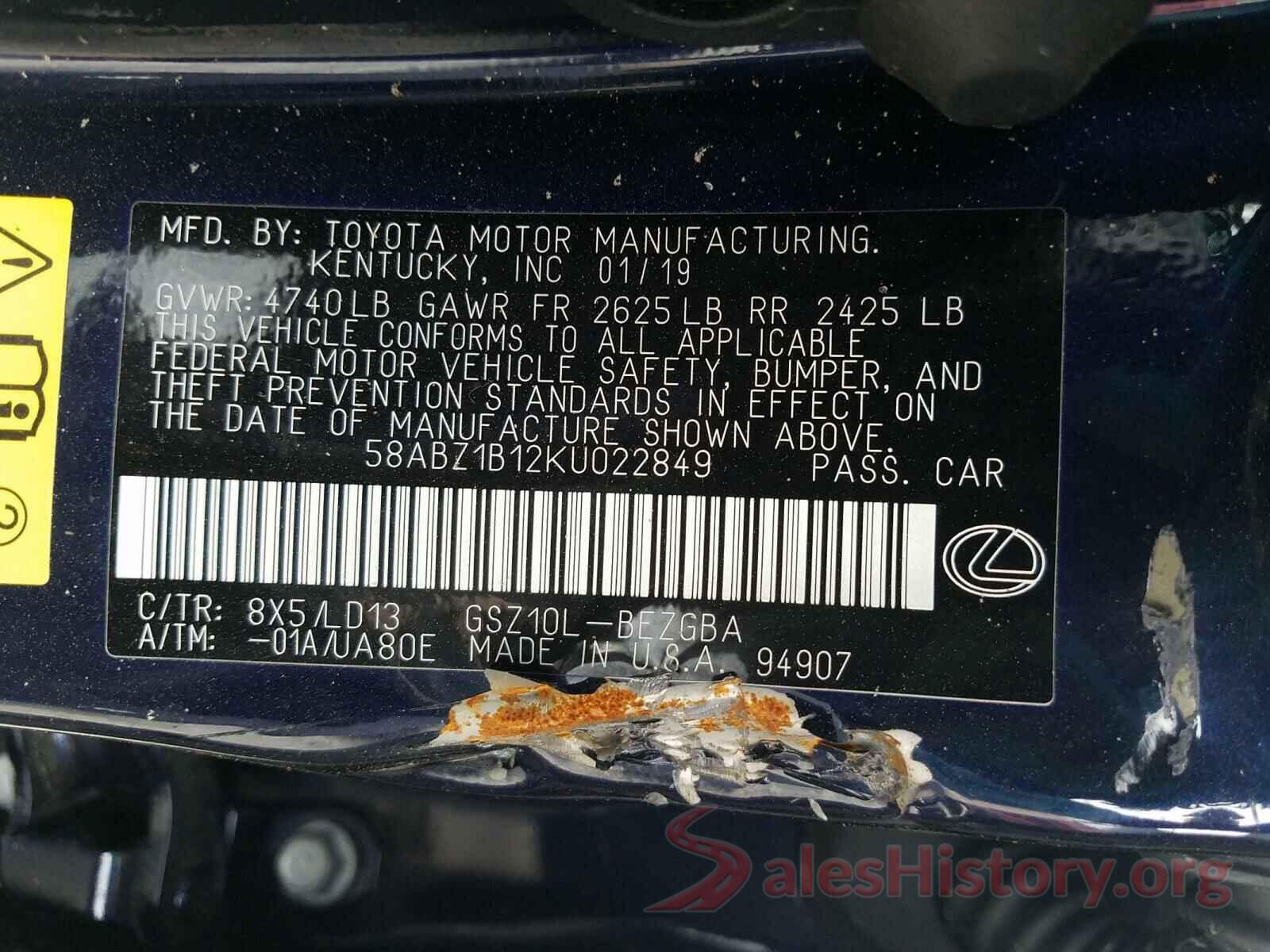 58ABZ1B12KU022849 2019 LEXUS ES350