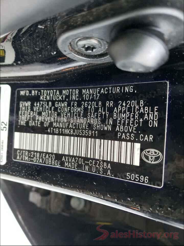 4T1B11HK8JU535911 2018 TOYOTA CAMRY