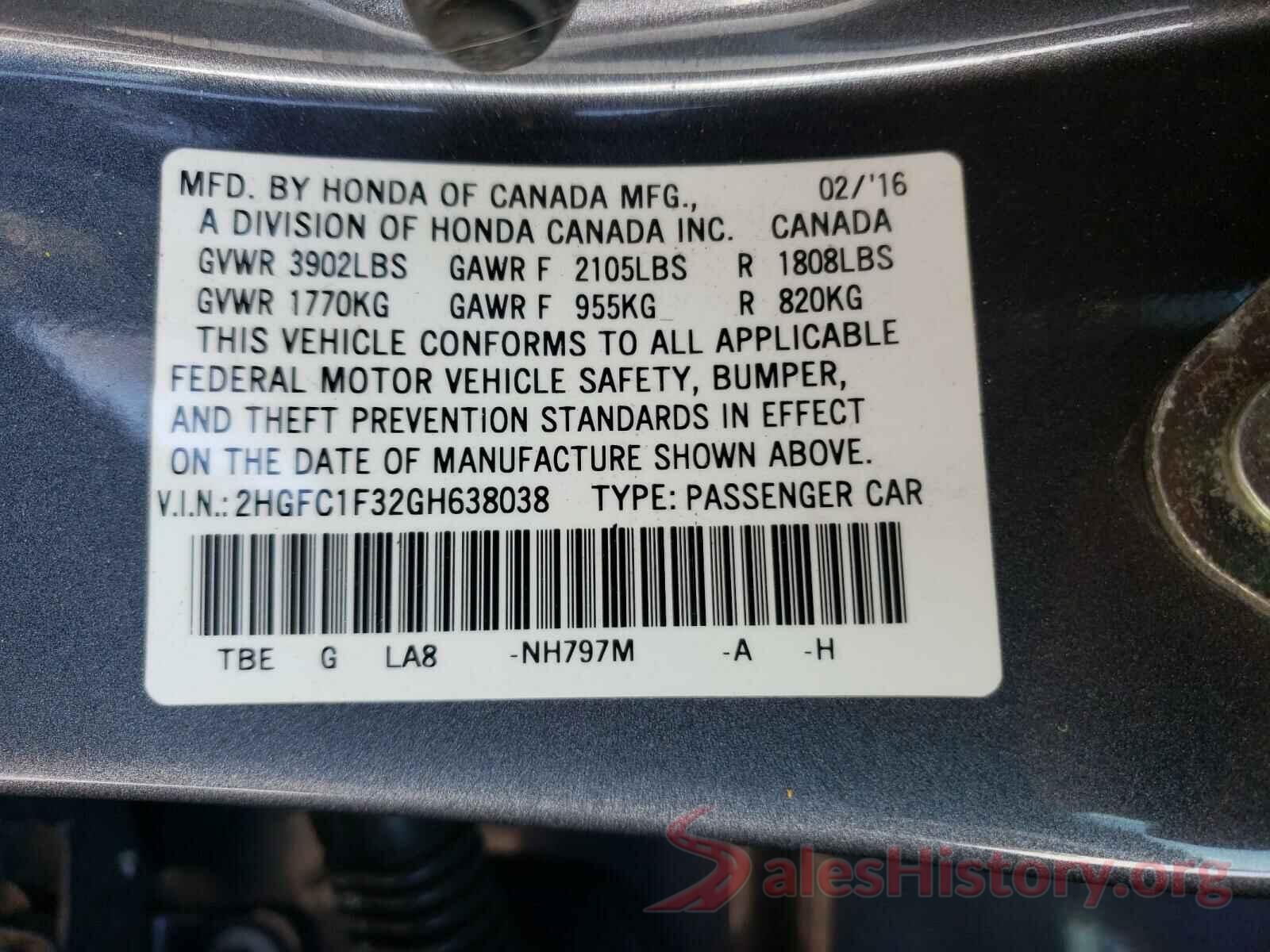 2HGFC1F32GH638038 2016 HONDA CIVIC