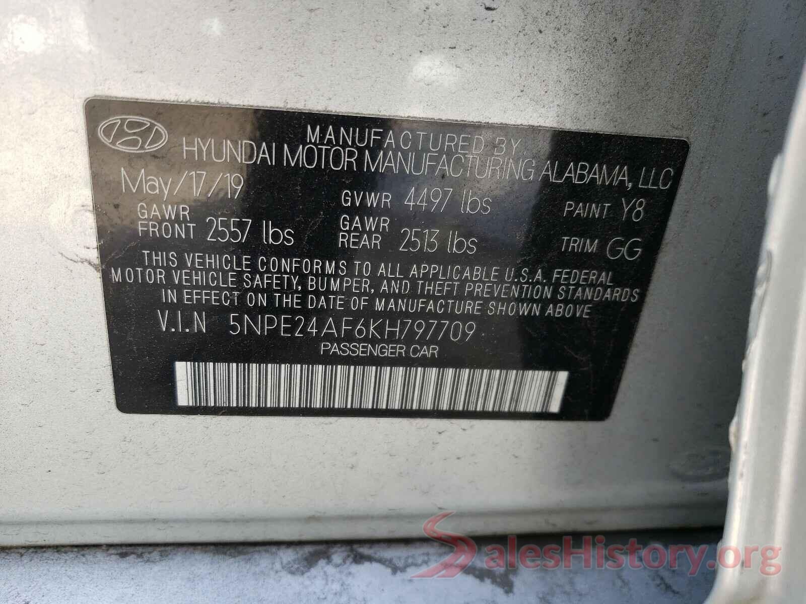 5NPE24AF6KH797709 2019 HYUNDAI SONATA