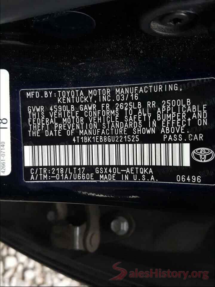 4T1BK1EB8GU221525 2016 TOYOTA AVALON