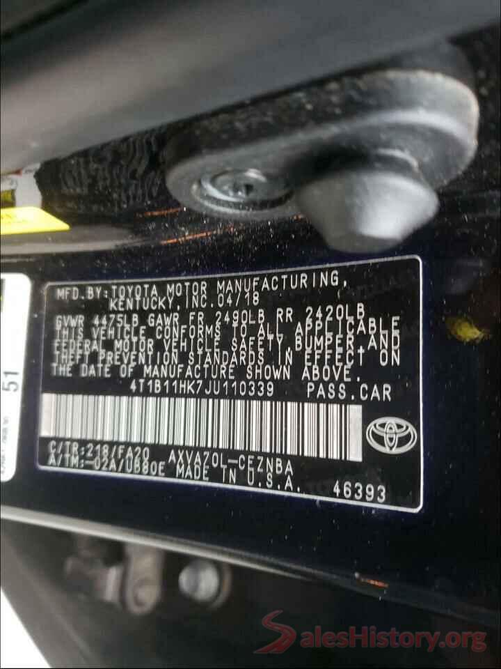 4T1B11HK7JU110339 2018 TOYOTA CAMRY