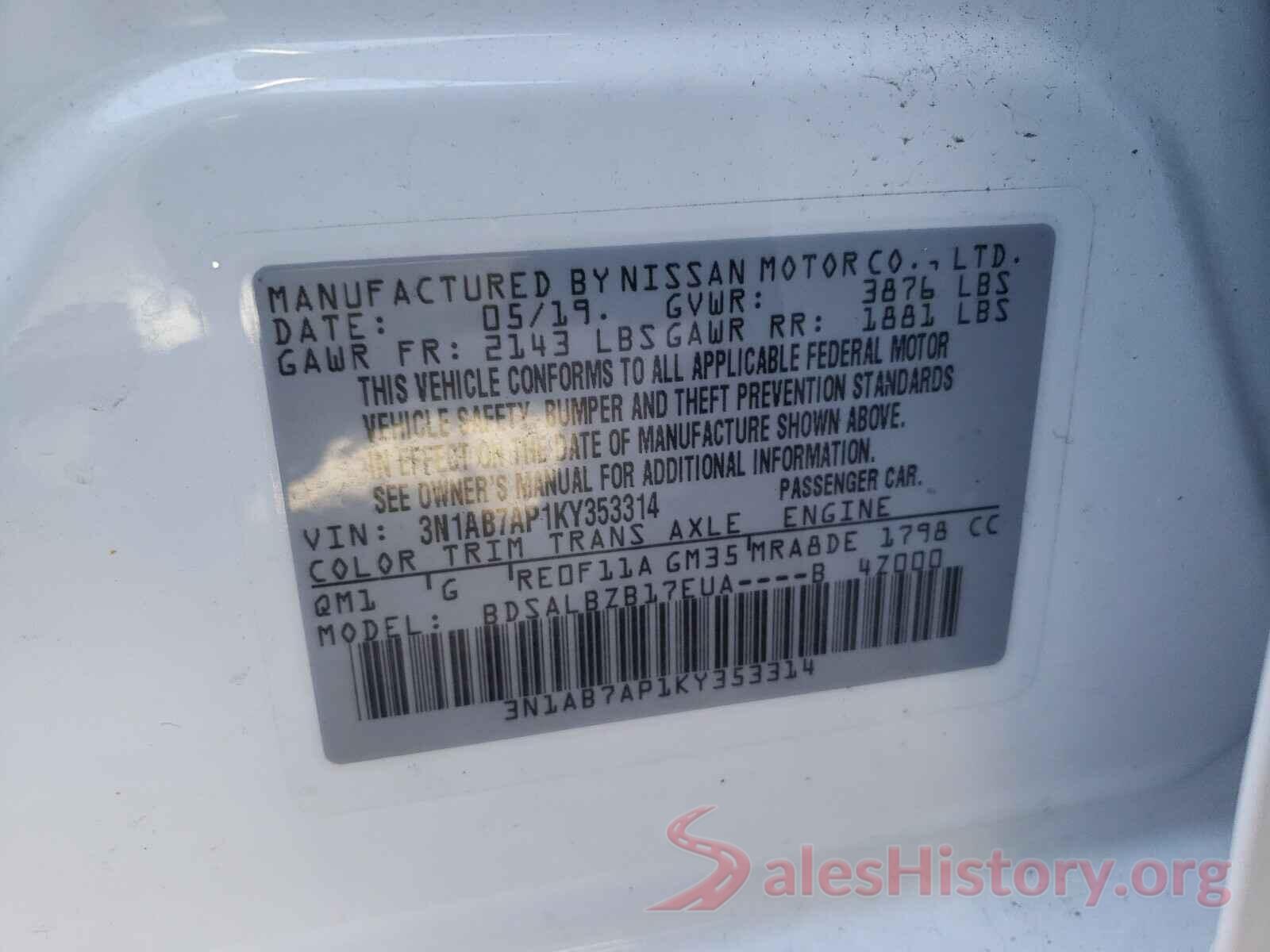 3N1AB7AP1KY353314 2019 NISSAN SENTRA