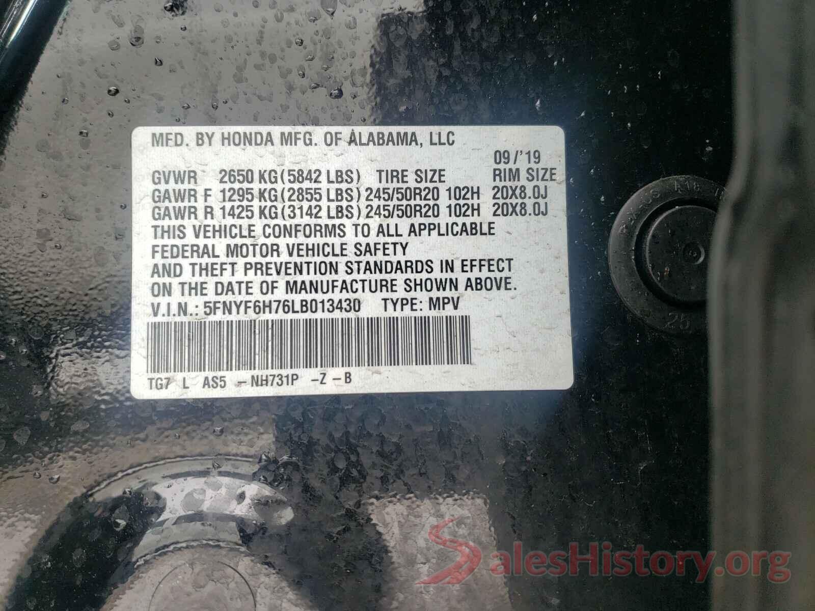 5FNYF6H76LB013430 2020 HONDA PILOT