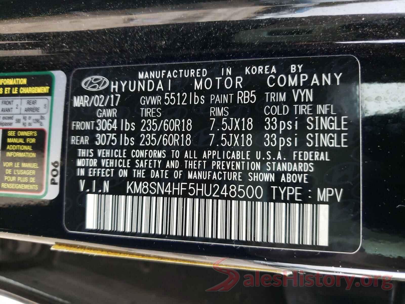 KM8SN4HF5HU248500 2017 HYUNDAI SANTA FE