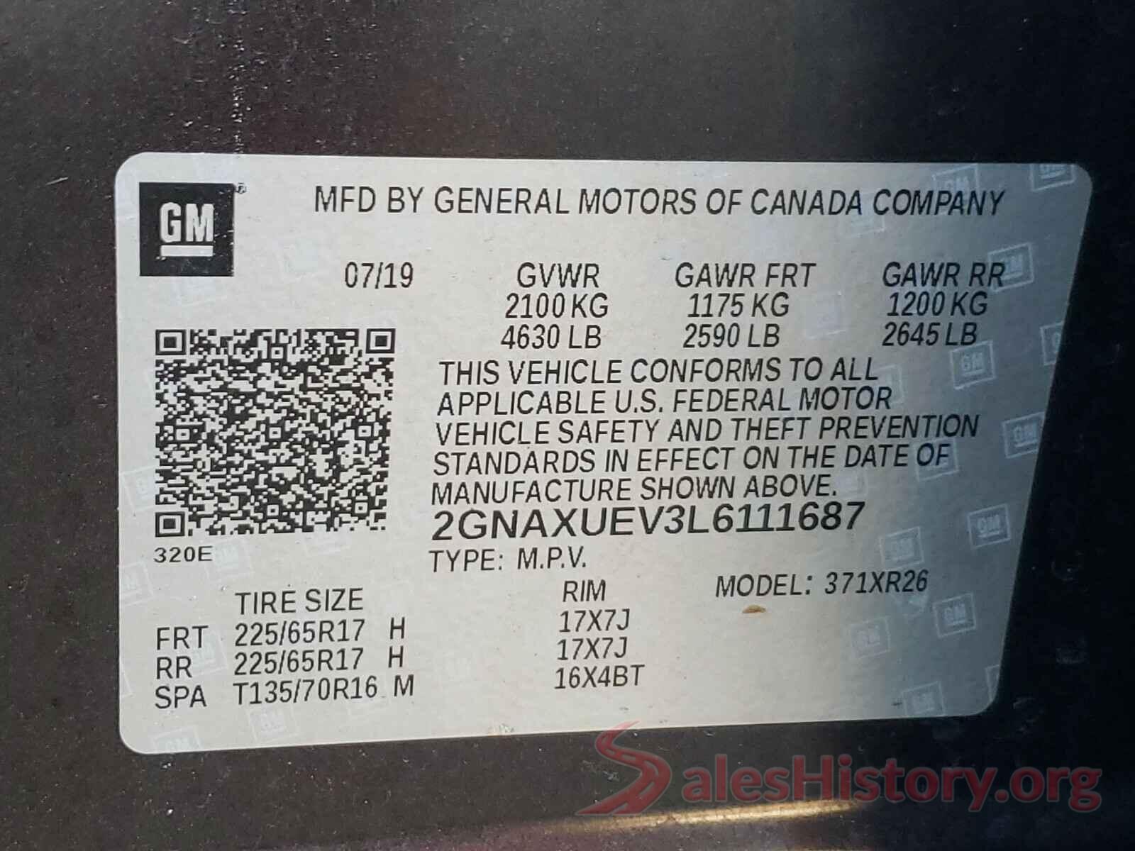 2GNAXUEV3L6111687 2020 CHEVROLET EQUINOX