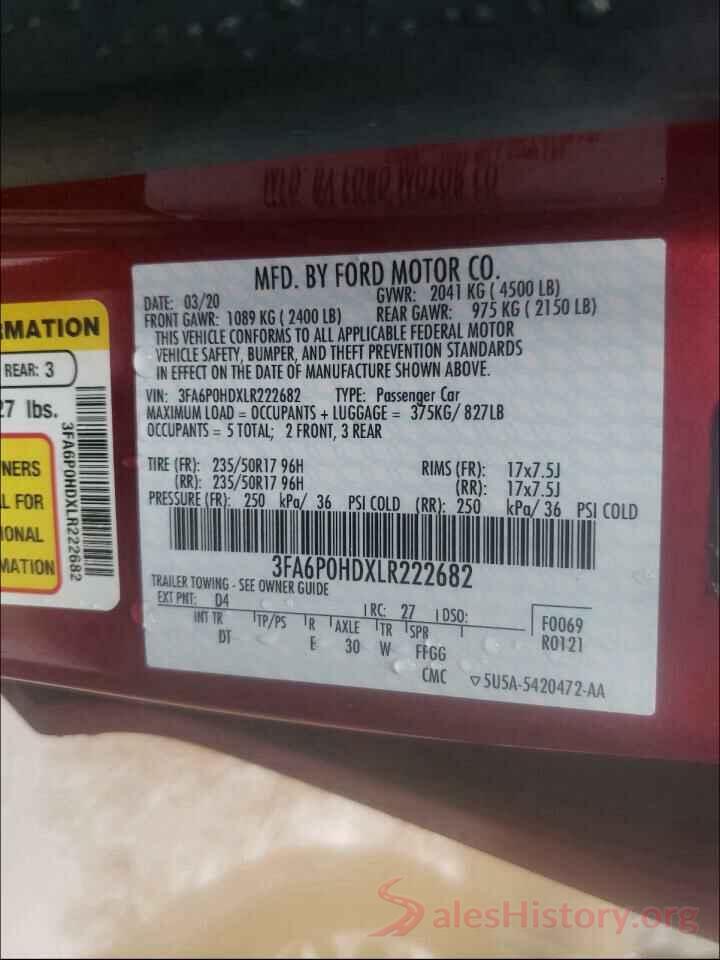 3FA6P0HDXLR222682 2020 FORD FUSION