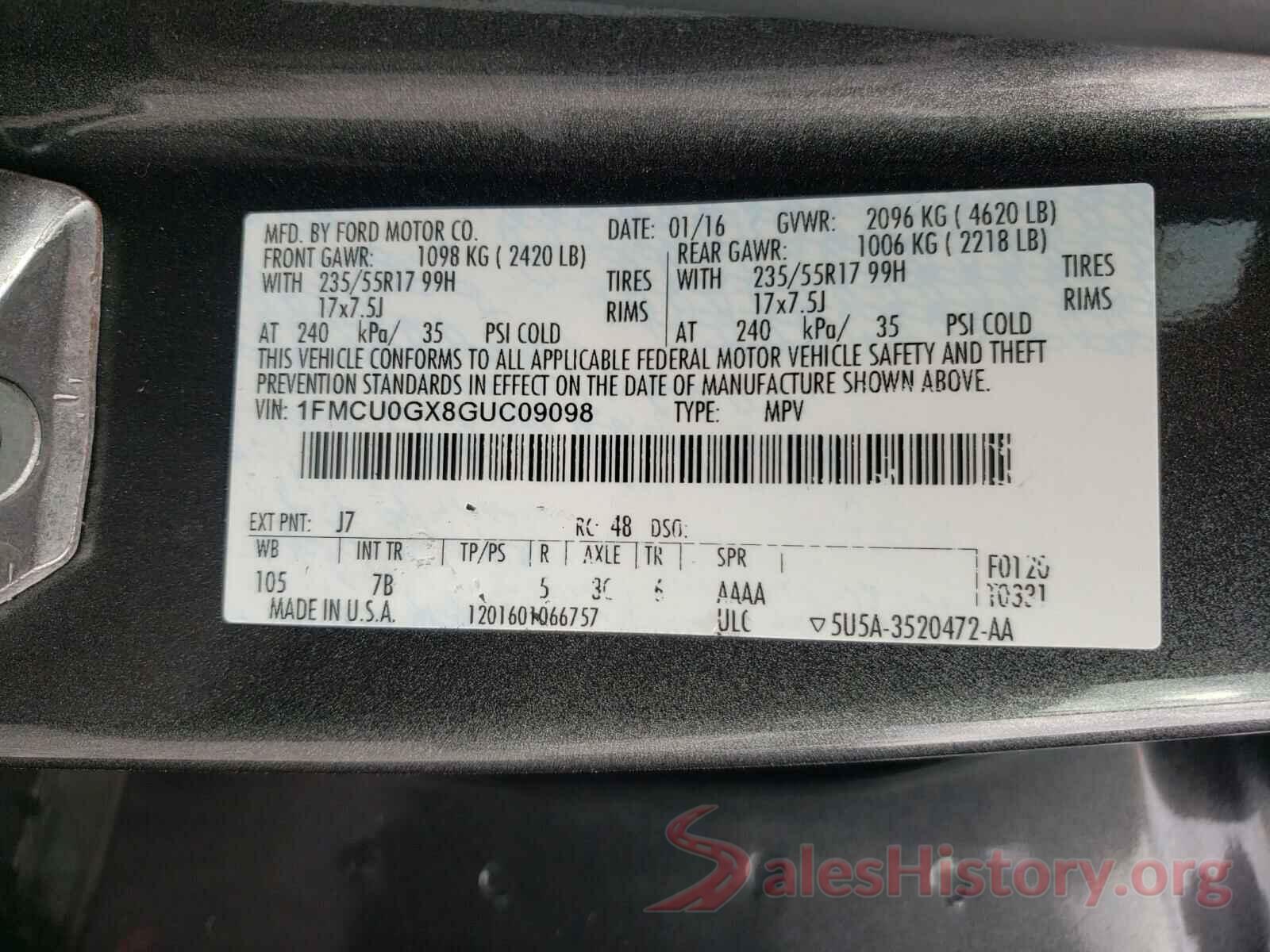 1FMCU0GX8GUC09098 2016 FORD ESCAPE