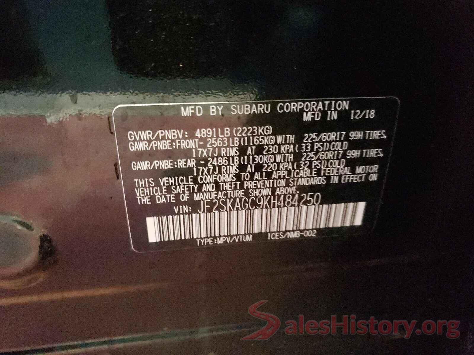 JF2SKAGC9KH484250 2019 SUBARU FORESTER