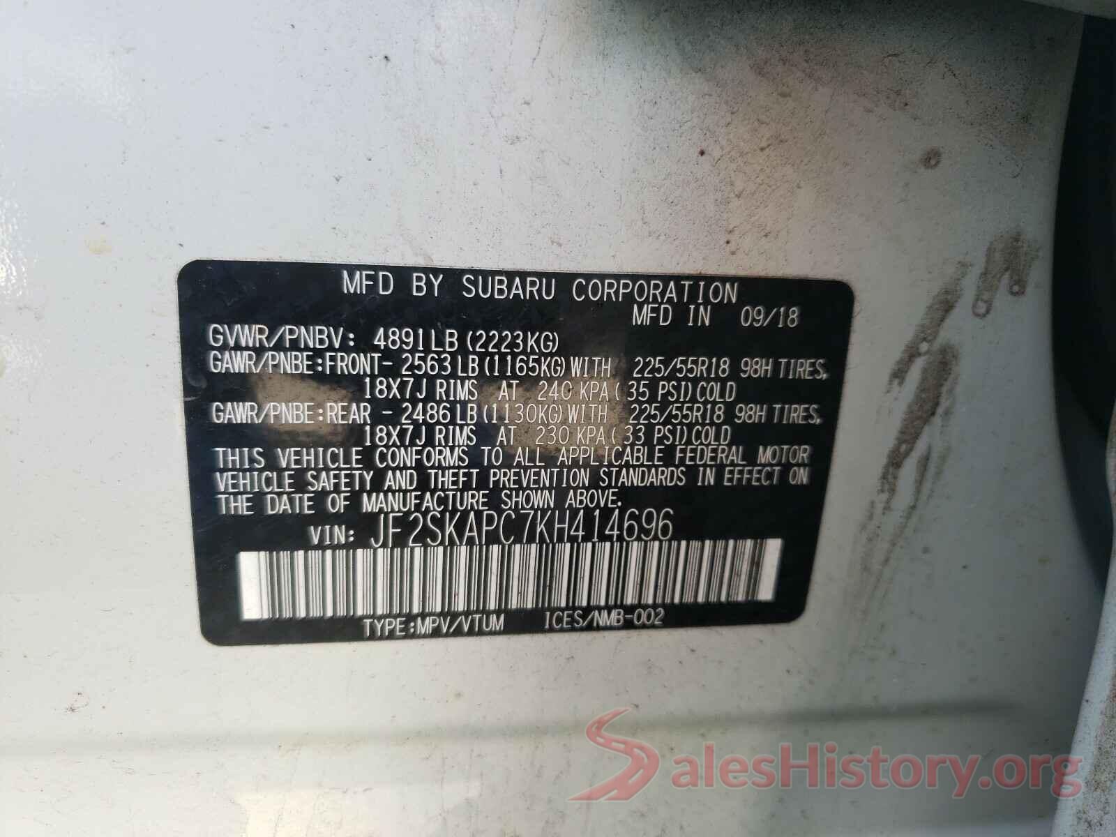 JF2SKAPC7KH414696 2019 SUBARU FORESTER