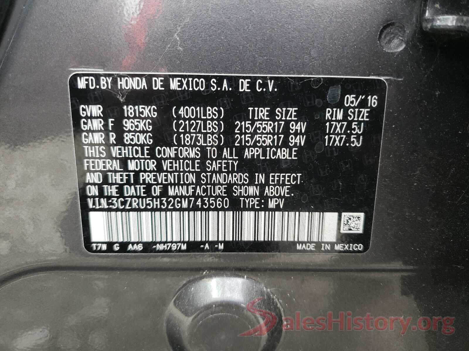 3CZRU5H32GM743560 2016 HONDA HR-V