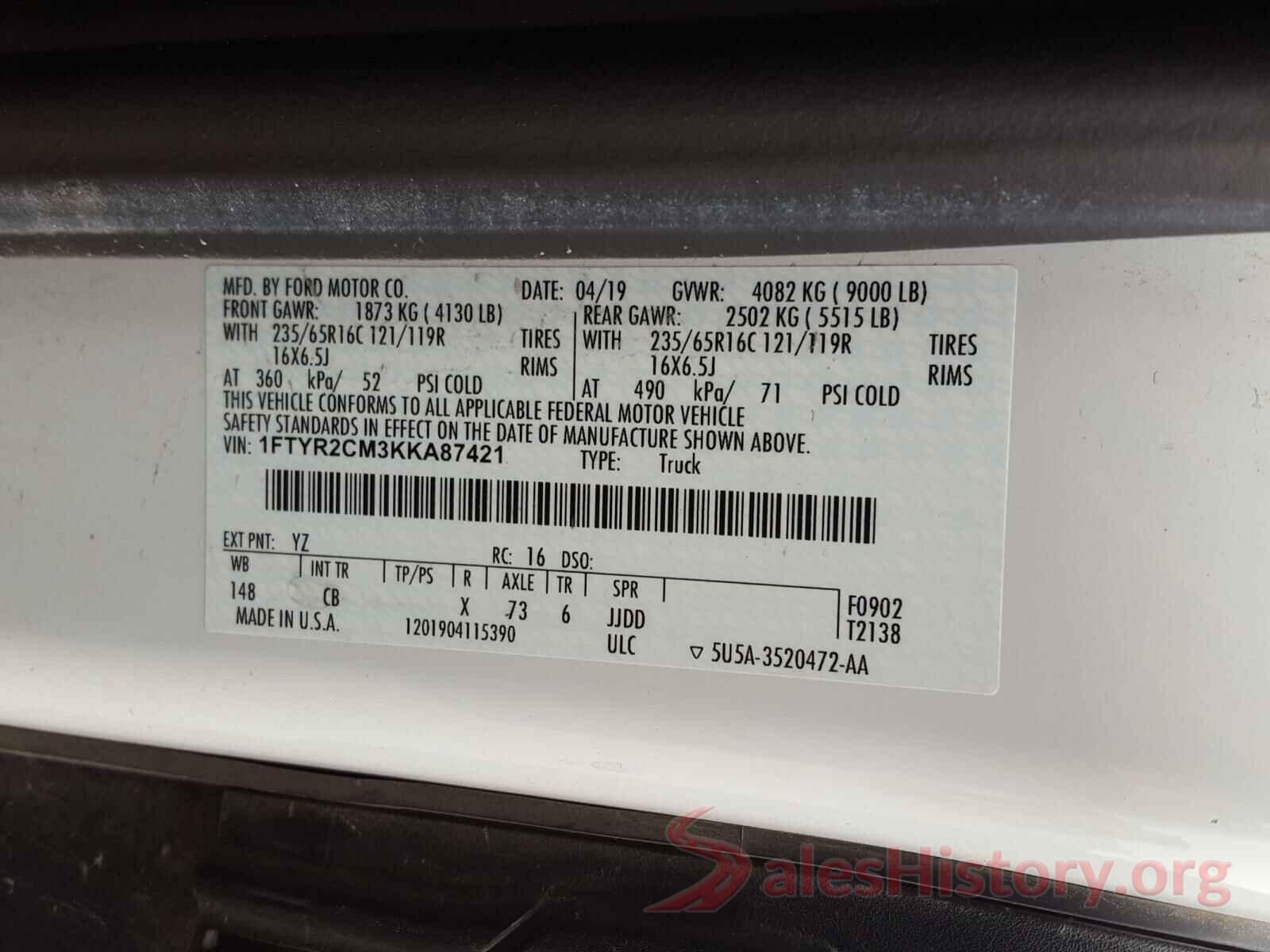 1FTYR2CM3KKA87421 2019 FORD TRANSIT CO