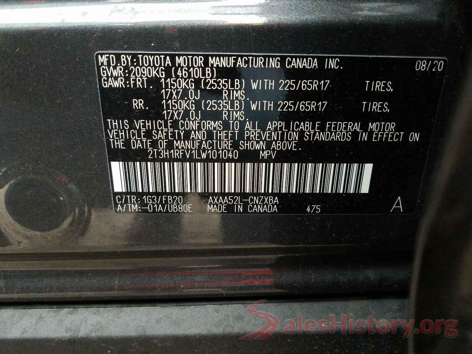 2T3H1RFV1LW101040 2020 TOYOTA RAV4