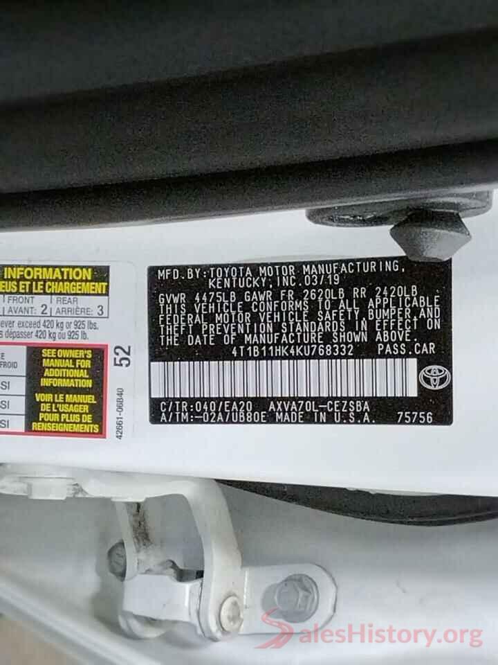 4T1B11HK4KU768332 2019 TOYOTA CAMRY