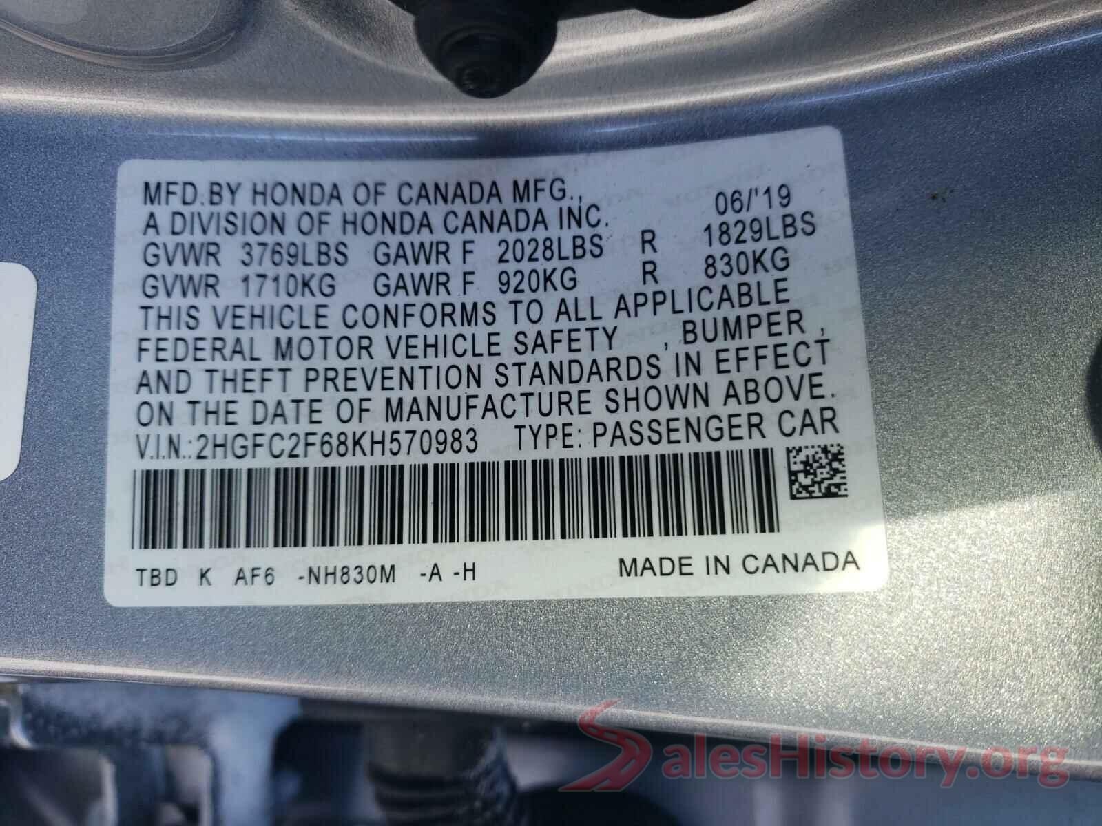 2HGFC2F68KH570983 2019 HONDA CIVIC