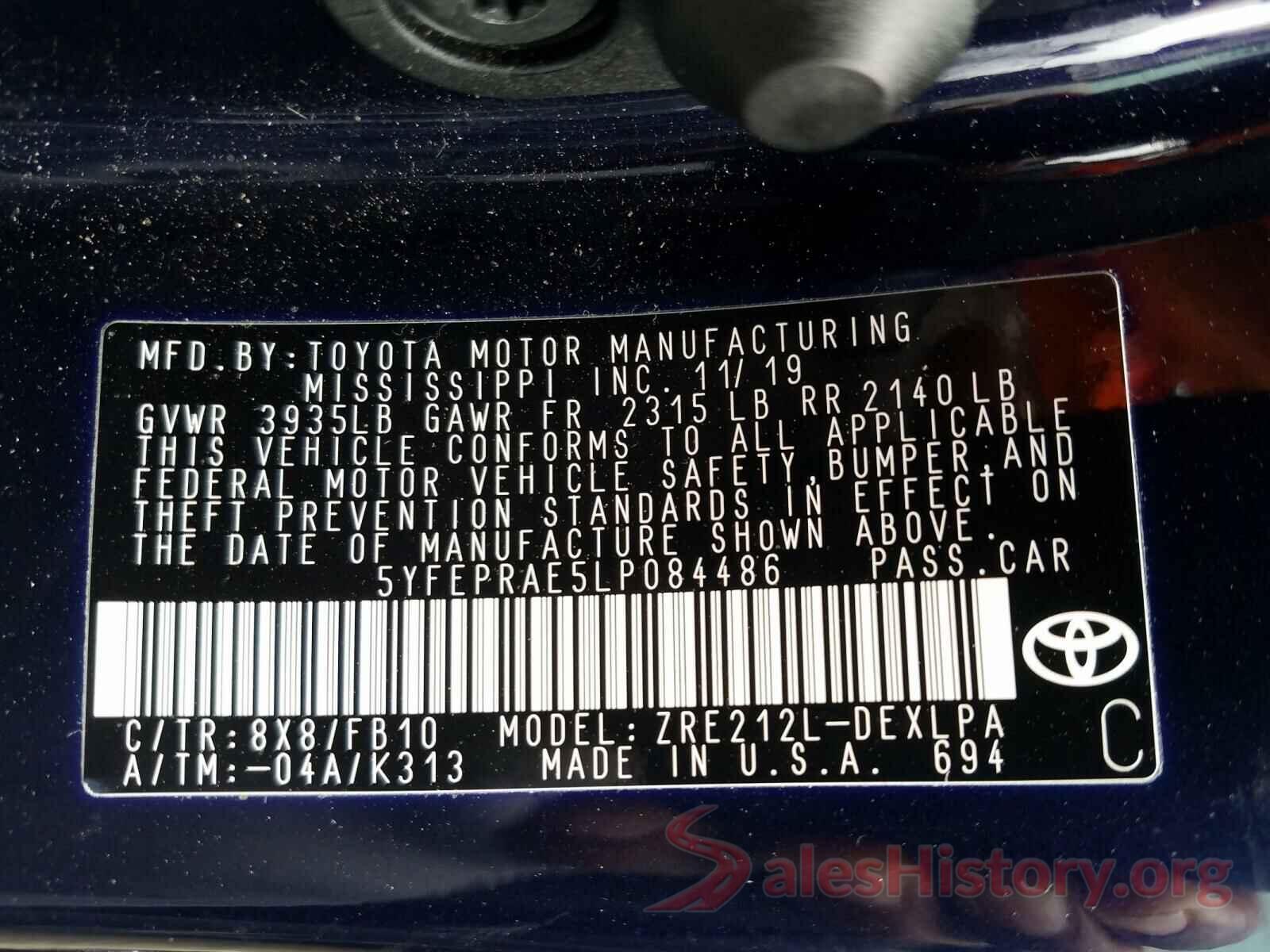 5YFEPRAE5LP084486 2020 TOYOTA COROLLA