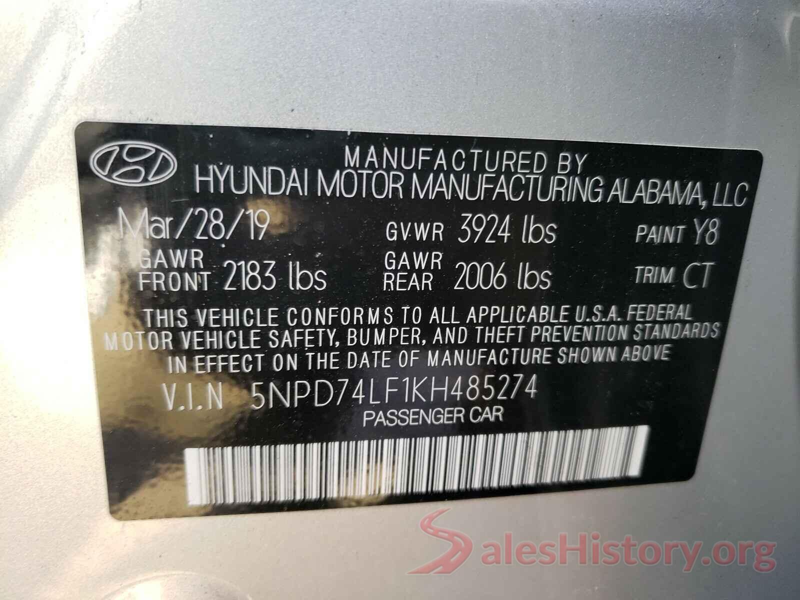 5NPD74LF1KH485274 2019 HYUNDAI ELANTRA