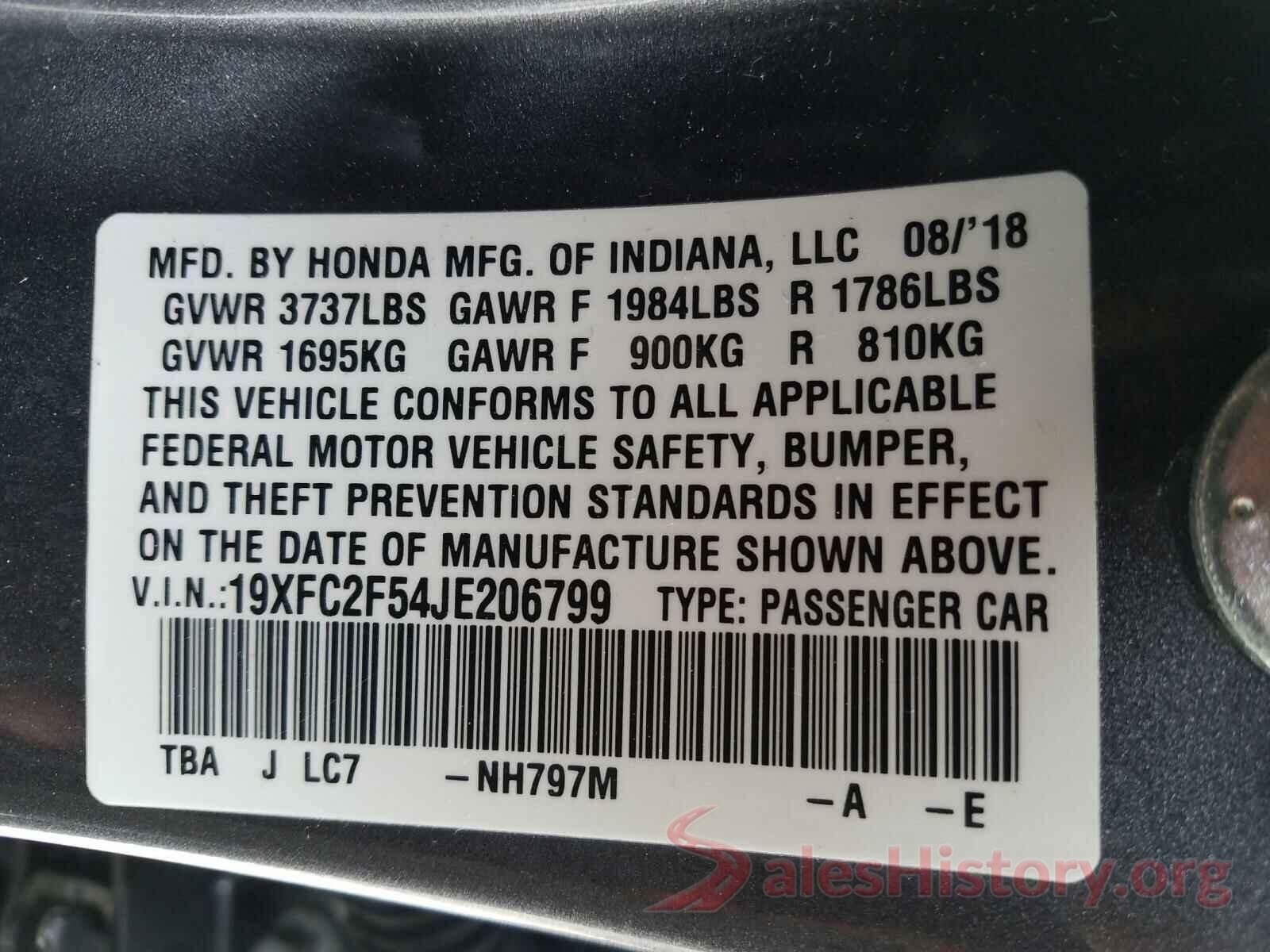 19XFC2F54JE206799 2018 HONDA CIVIC