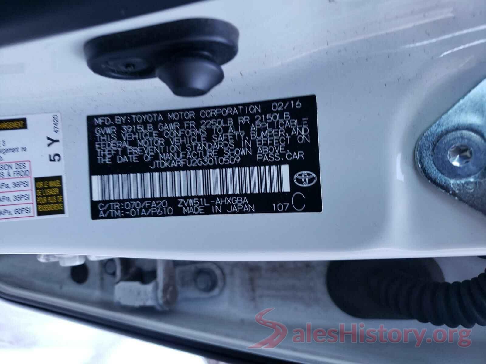 JTDKARFU2G3010509 2016 TOYOTA PRIUS