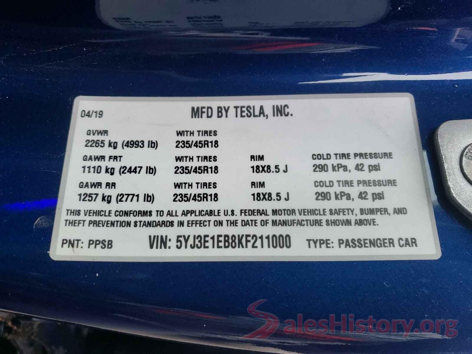 5YJ3E1EB8KF211000 2019 TESLA MODEL 3