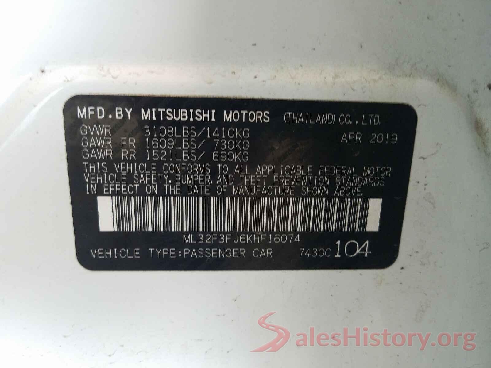 ML32F3FJ6KHF16074 2019 MITSUBISHI MIRAGE