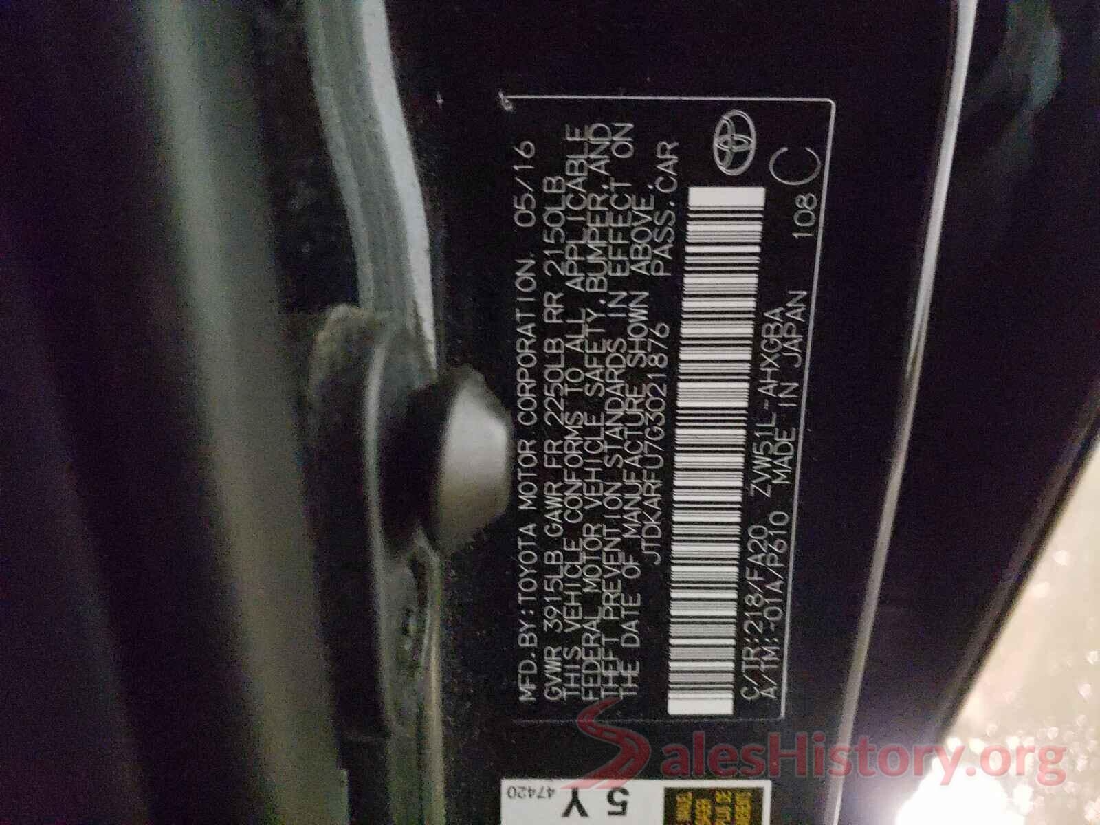 JTDKARFU7G3021876 2016 TOYOTA PRIUS