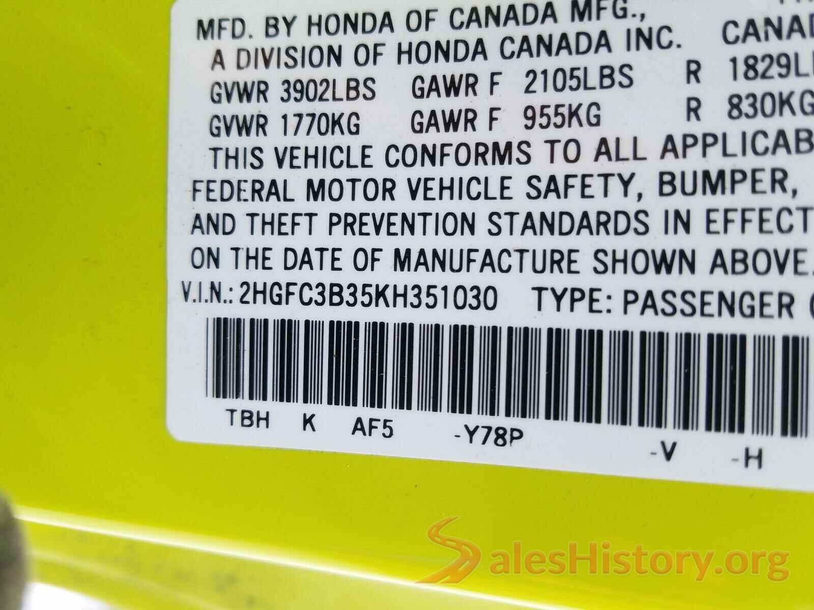 2HGFC3B35KH351030 2019 HONDA CIVIC