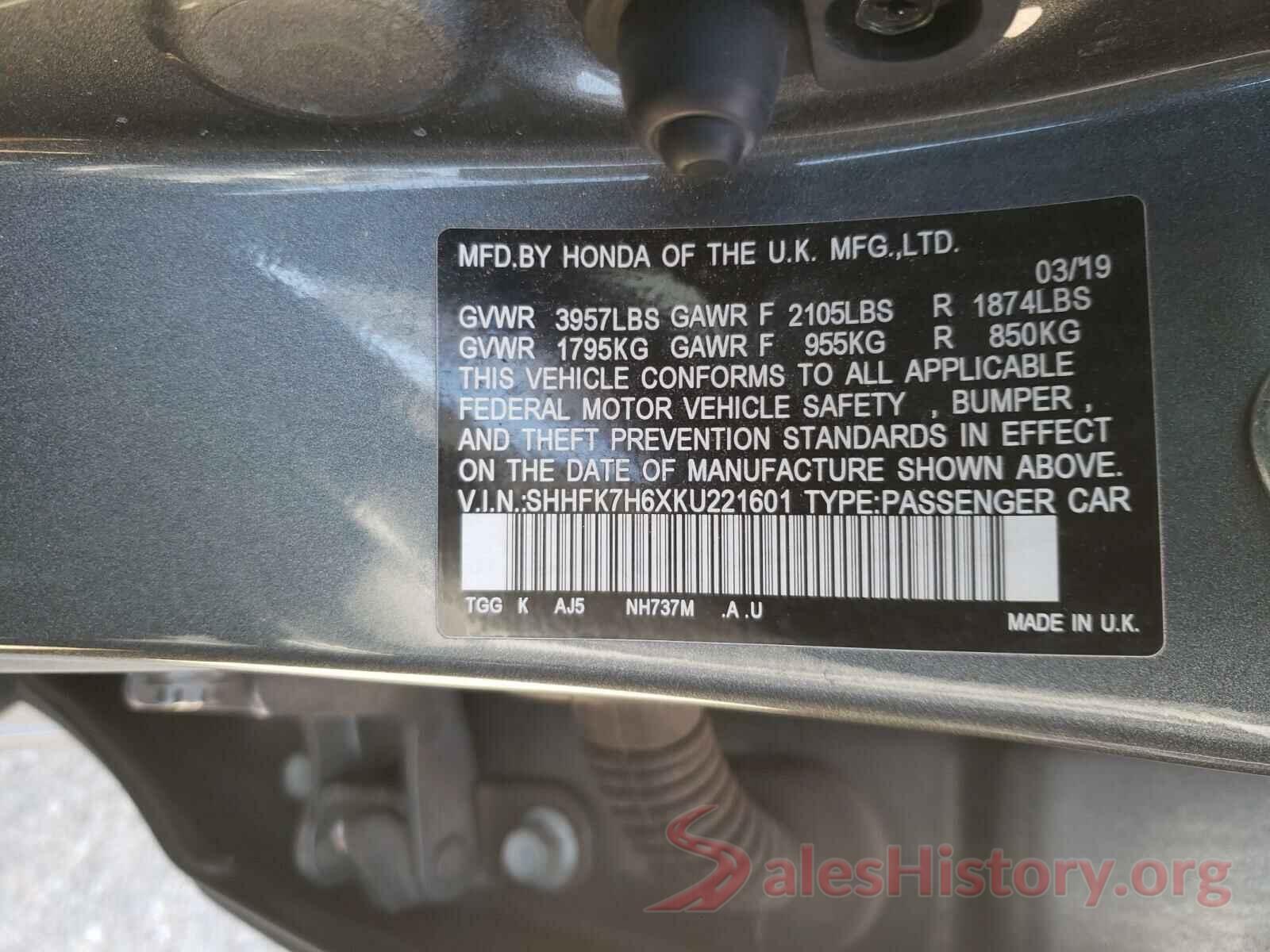 SHHFK7H6XKU221601 2019 HONDA CIVIC