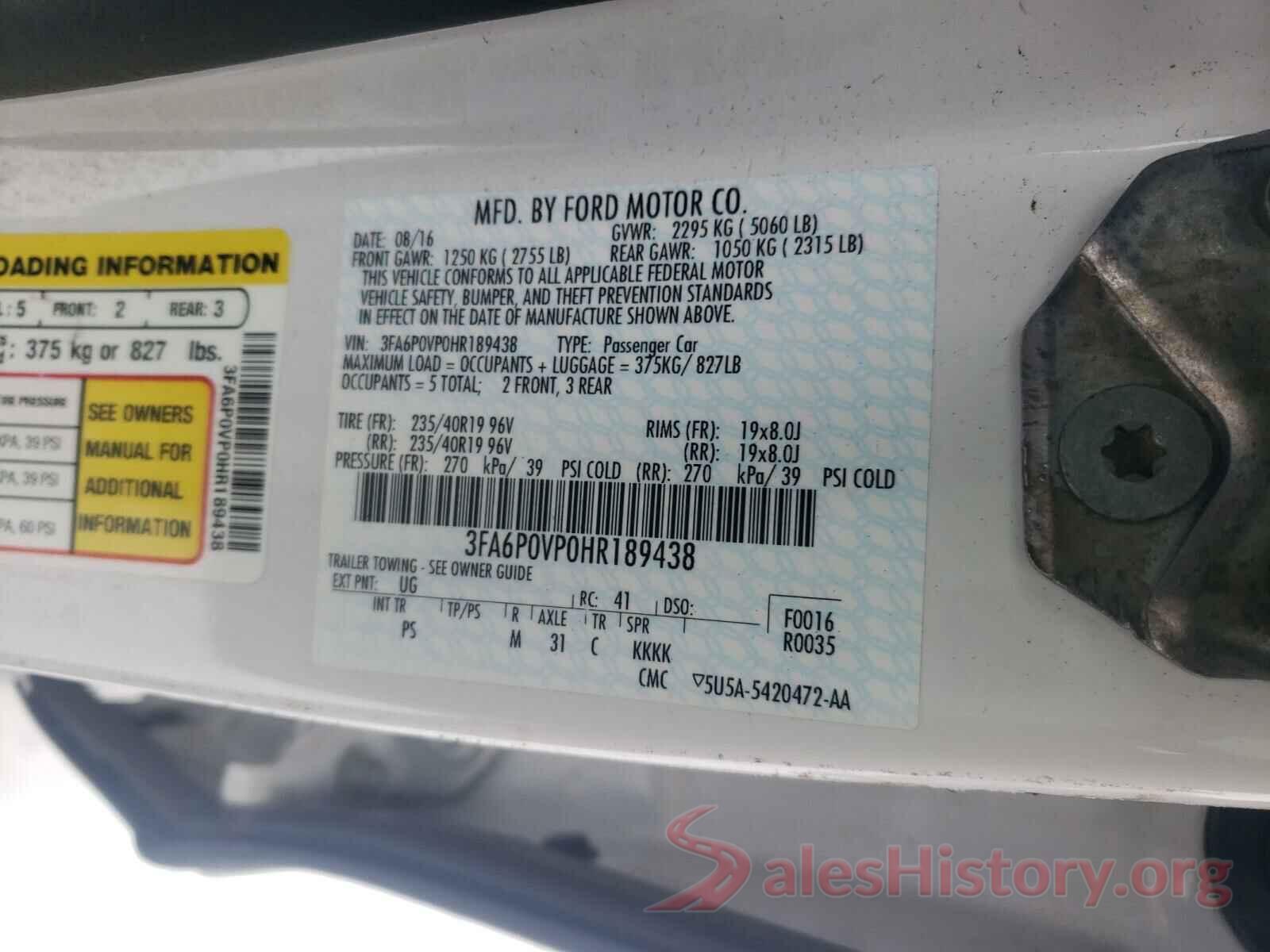 3FA6P0VP0HR189438 2017 FORD FUSION