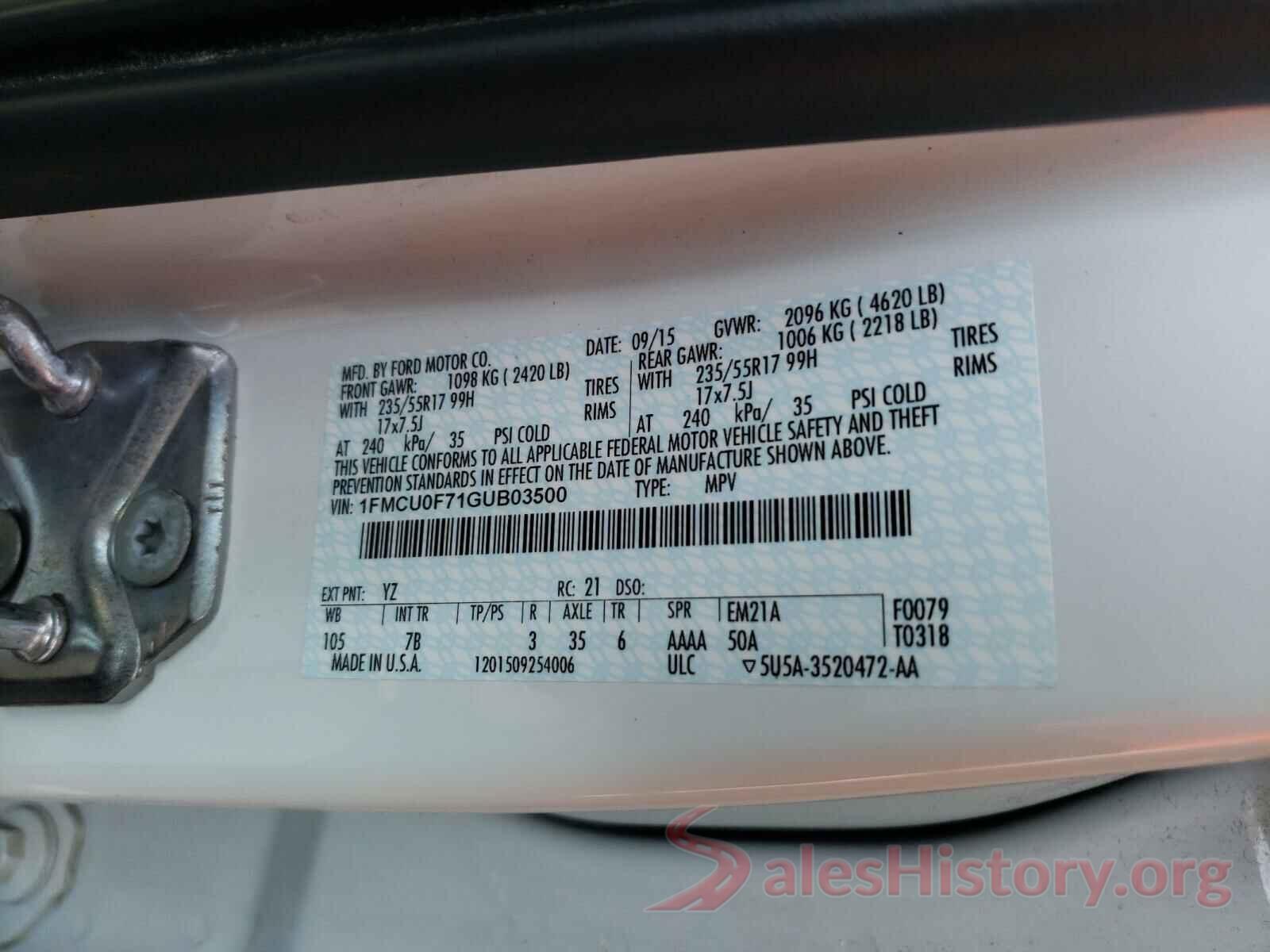 1FMCU0F71GUB03500 2016 FORD ESCAPE