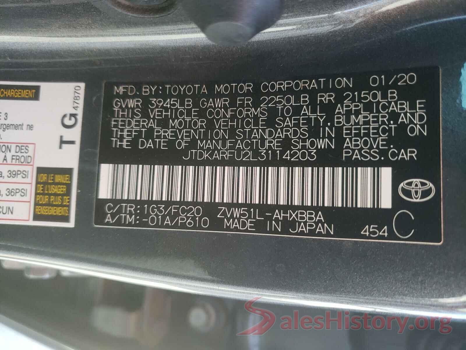 JTDKARFU2L3114203 2020 TOYOTA PRIUS