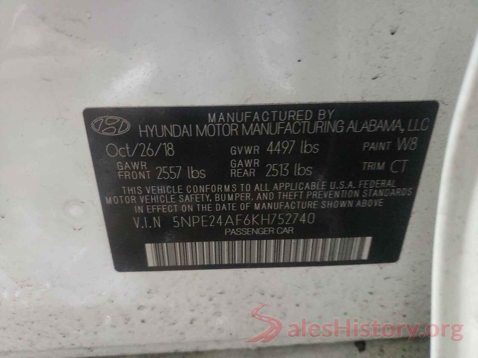 5NPE24AF6KH752740 2019 HYUNDAI SONATA