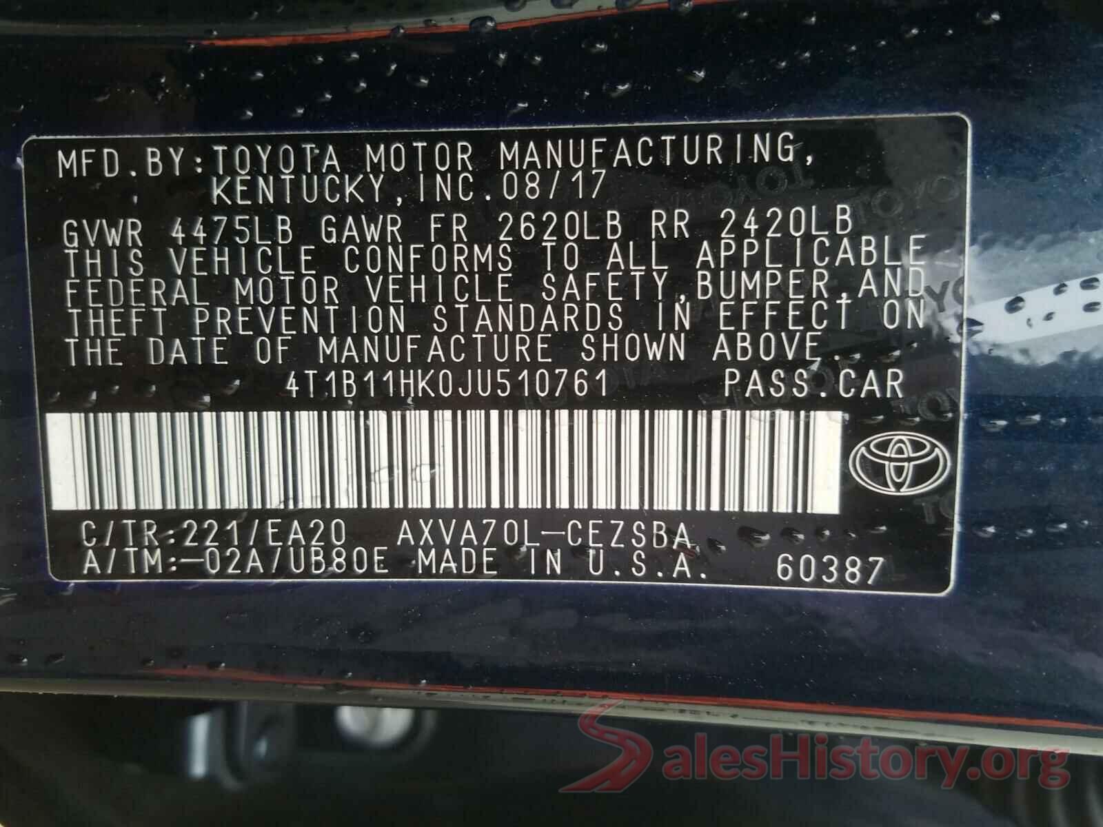 4T1B11HK0JU510761 2018 TOYOTA CAMRY