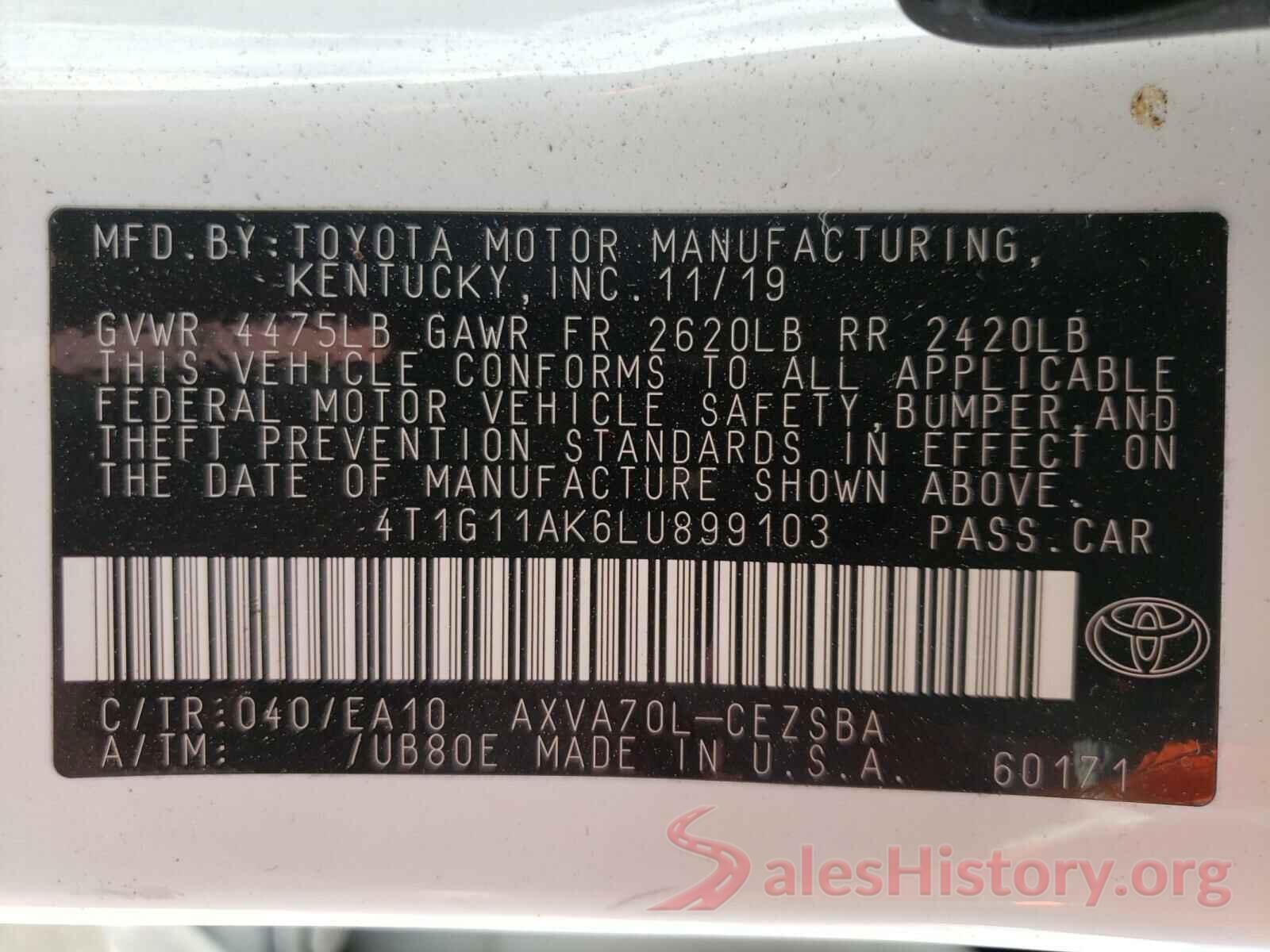 4T1G11AK6LU899103 2020 TOYOTA CAMRY