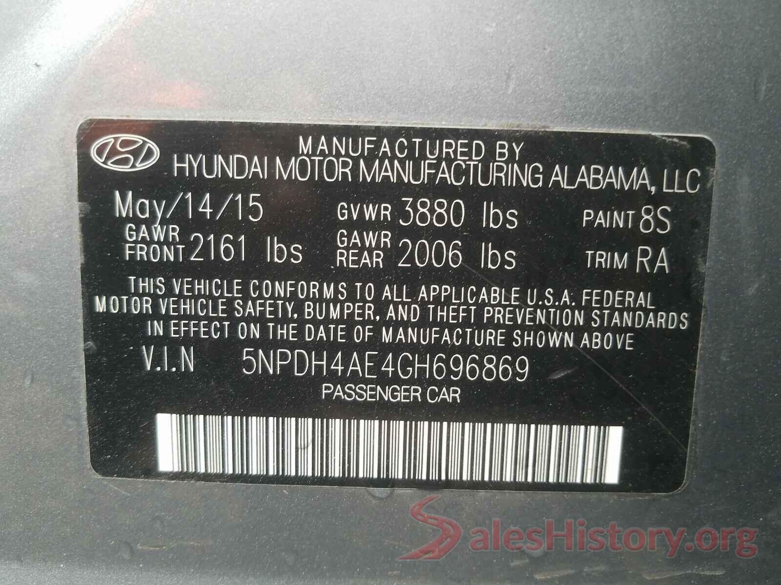 5NPDH4AE4GH696869 2016 HYUNDAI ELANTRA