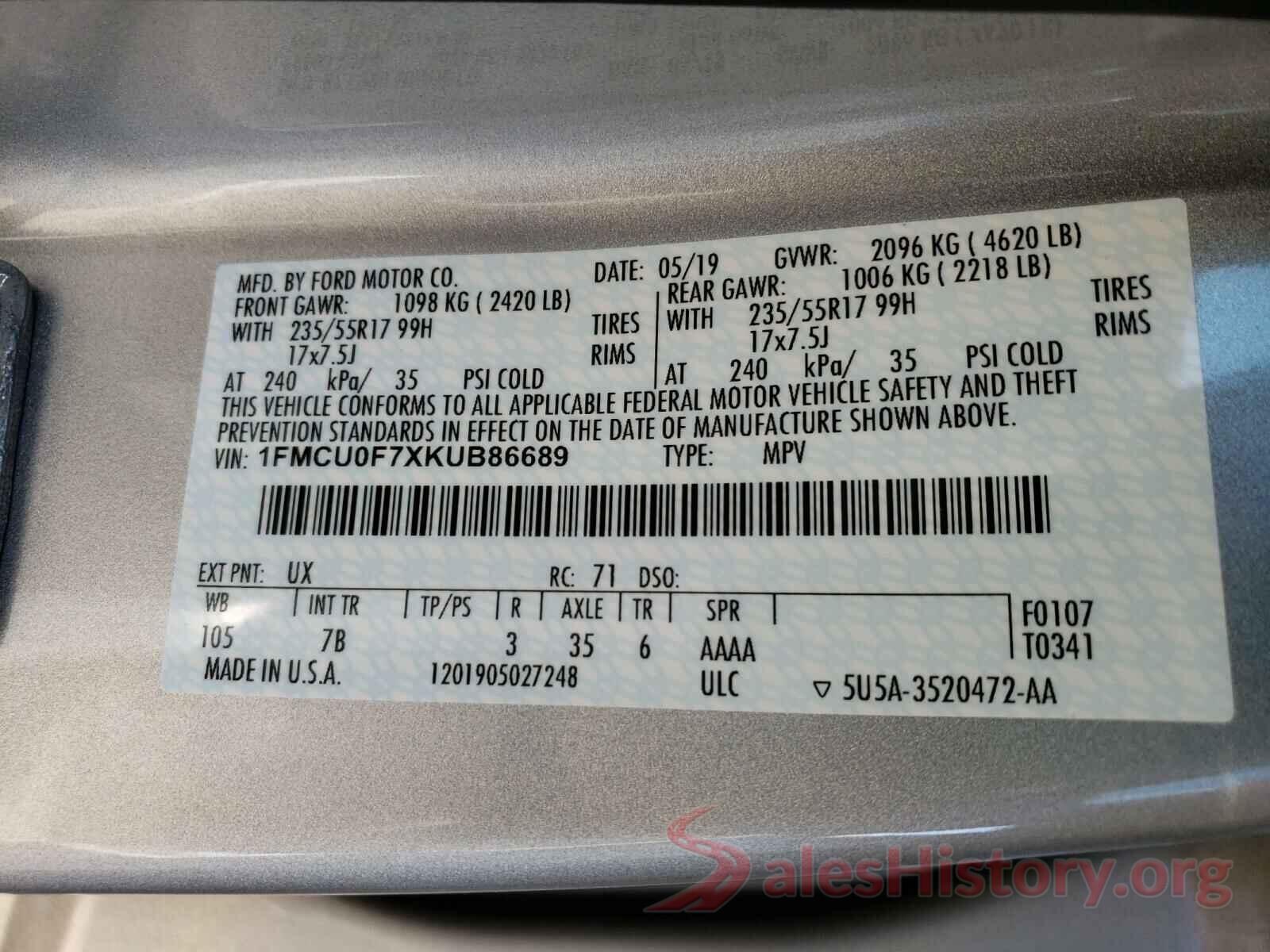 1FMCU0F7XKUB86689 2019 FORD ESCAPE