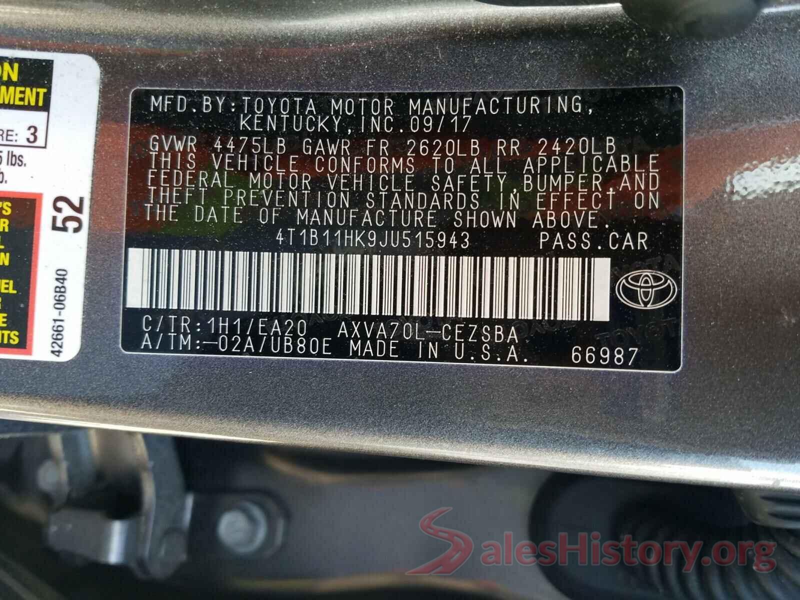 4T1B11HK9JU515943 2018 TOYOTA CAMRY