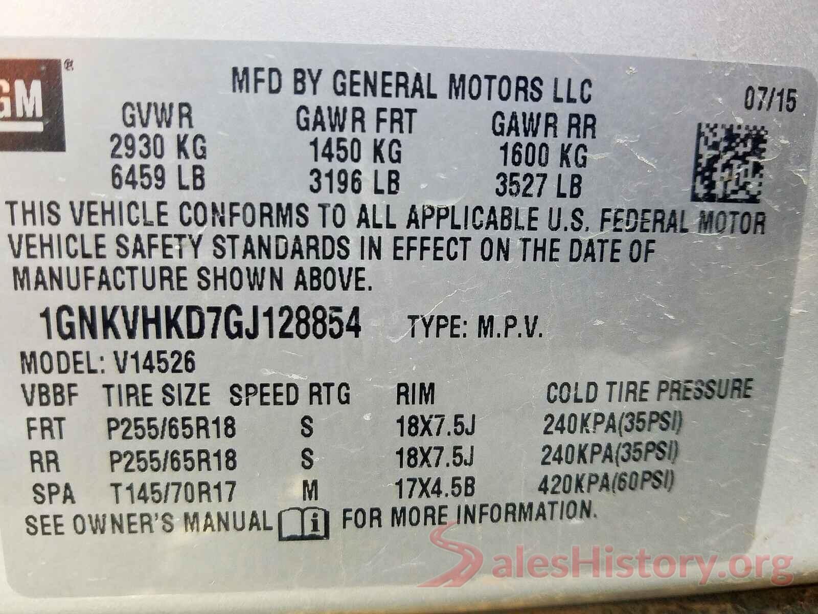 1GNKVHKD7GJ128854 2016 CHEVROLET TRAVERSE