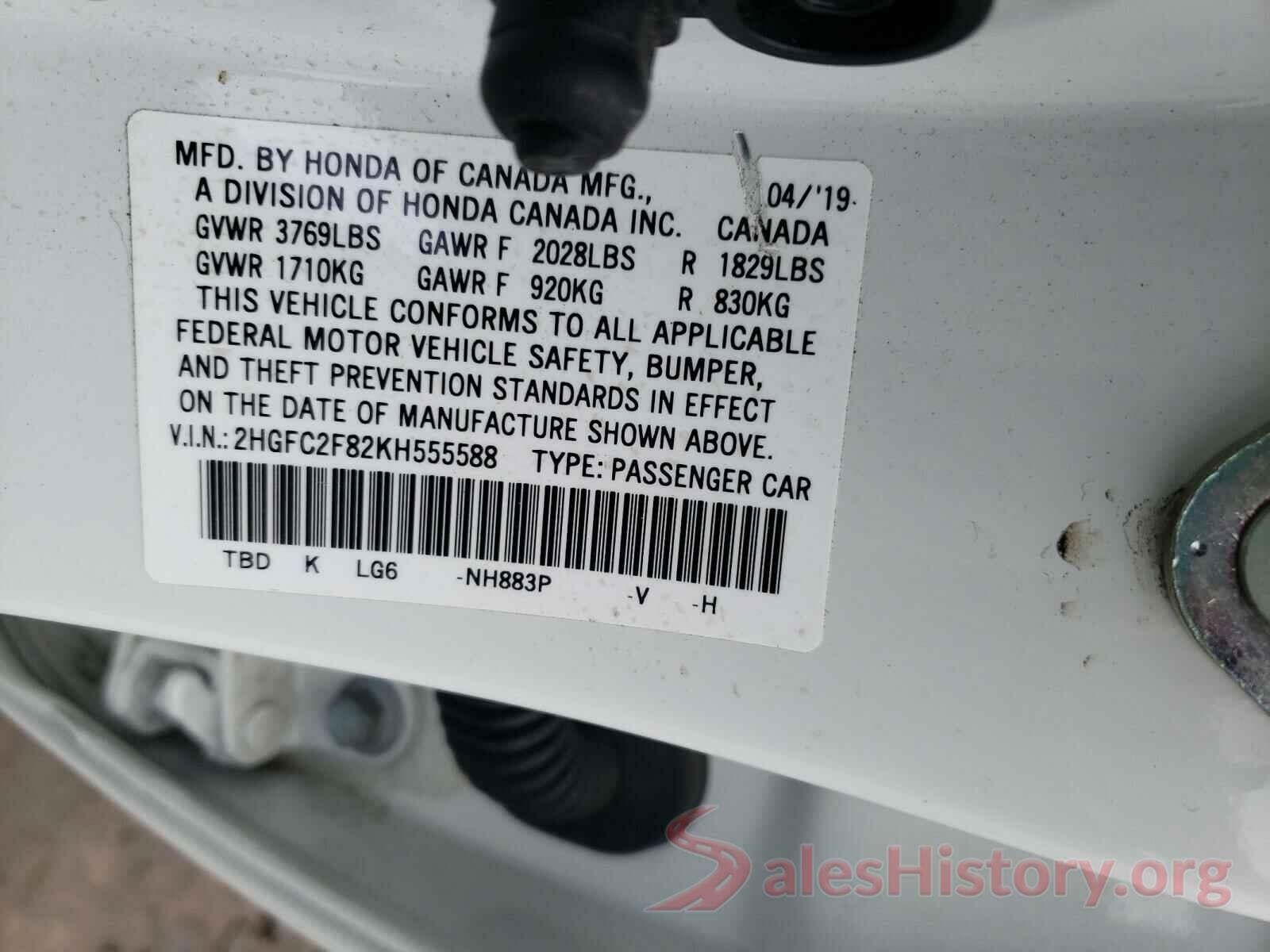 2HGFC2F82KH555588 2019 HONDA CIVIC