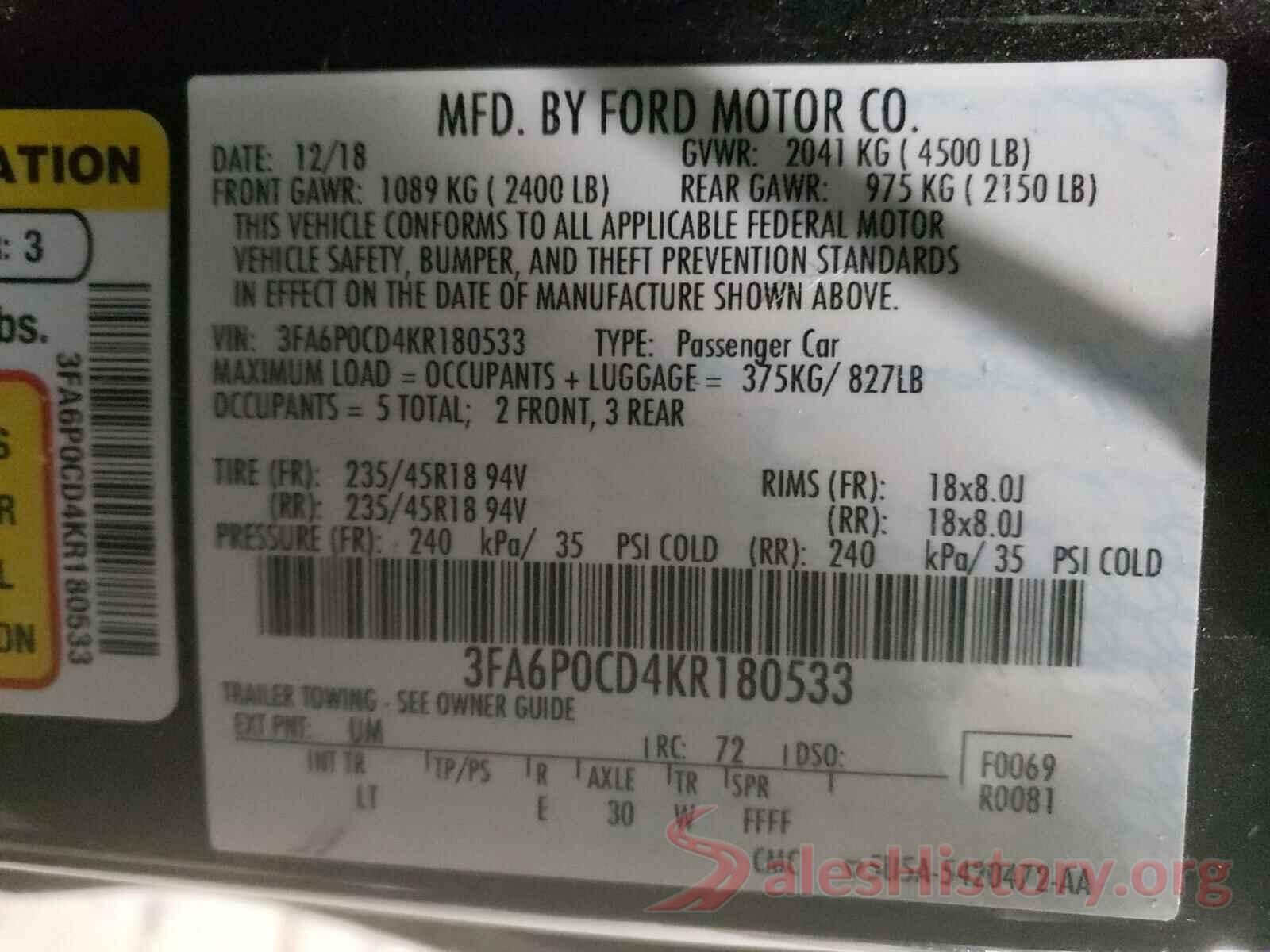 3FA6P0CD4KR180533 2019 FORD FUSION