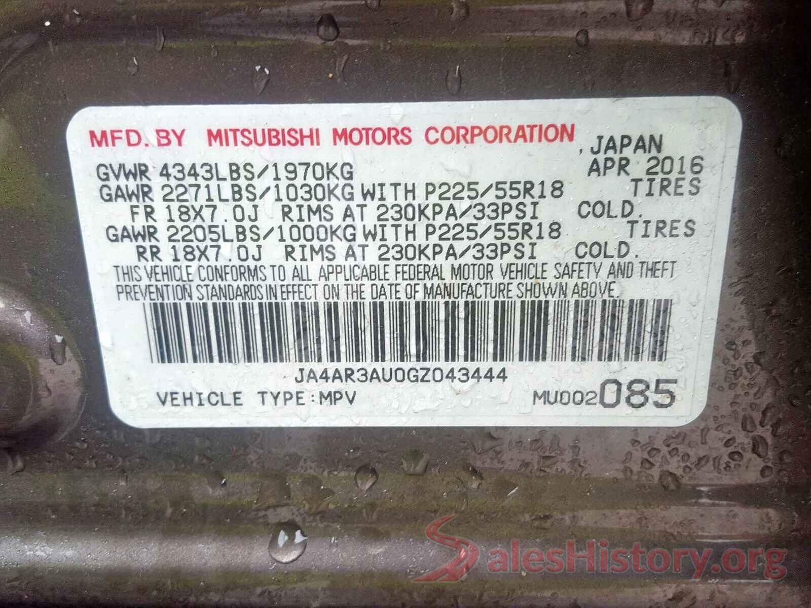 JA4AR3AU0GZ043444 2016 MITSUBISHI OUTLANDER