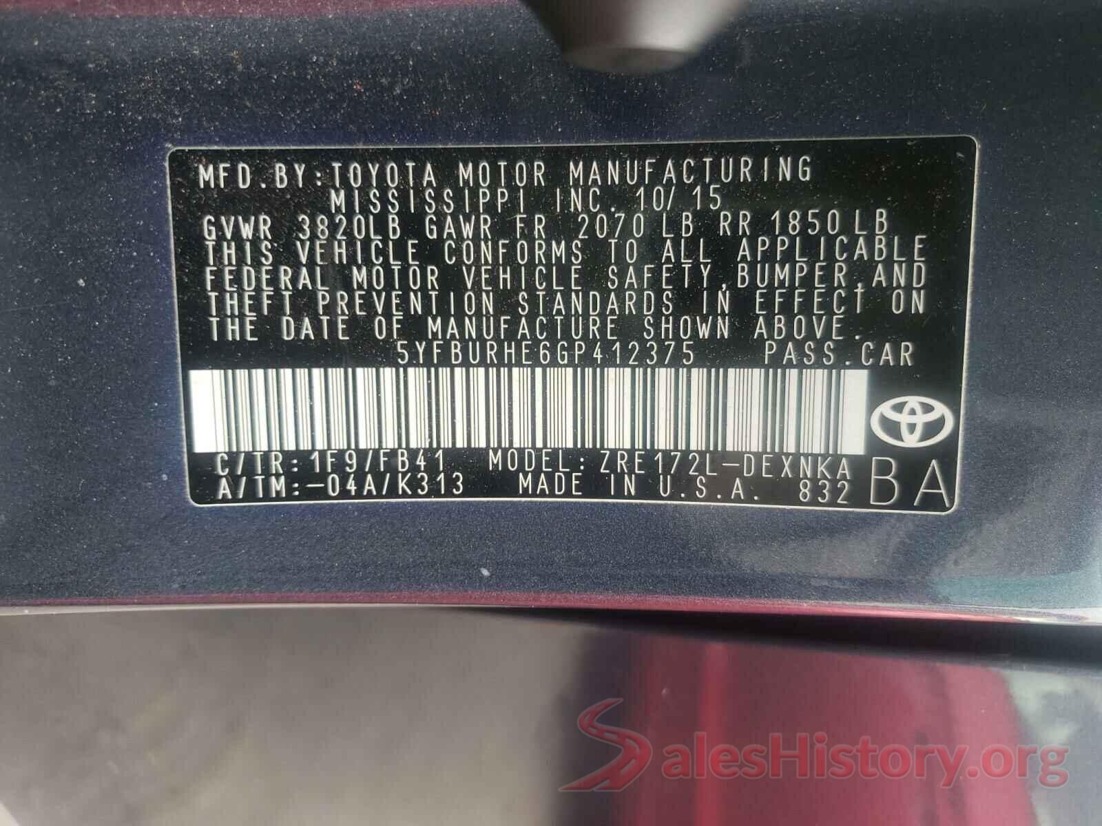 5YFBURHE6GP412375 2016 TOYOTA COROLLA