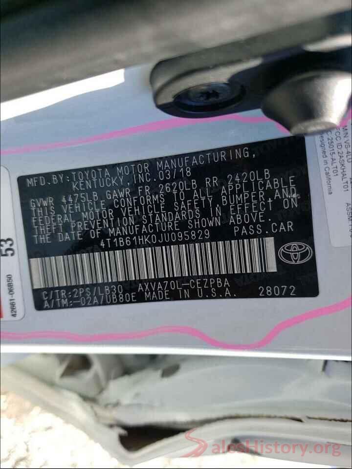 4T1B61HK0JU095829 2018 TOYOTA CAMRY