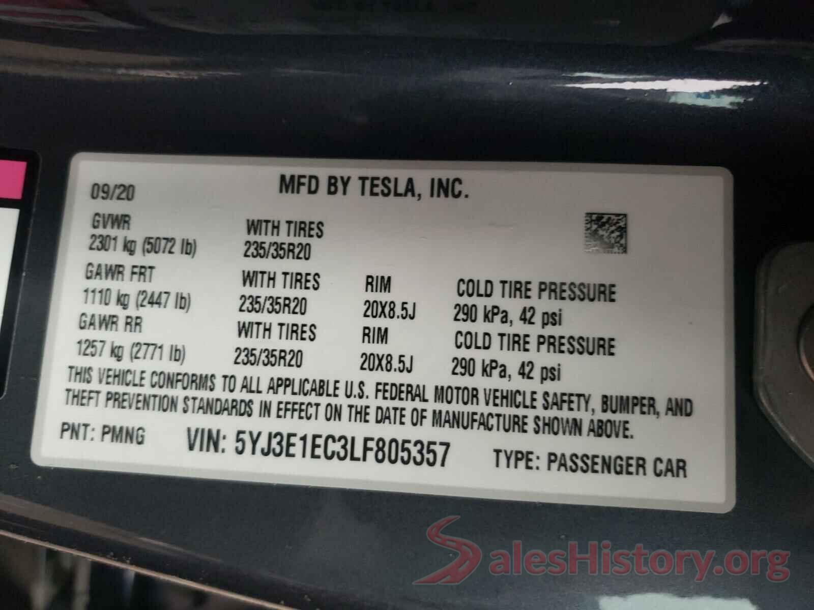 5YJ3E1EC3LF805357 2020 TESLA MODEL 3