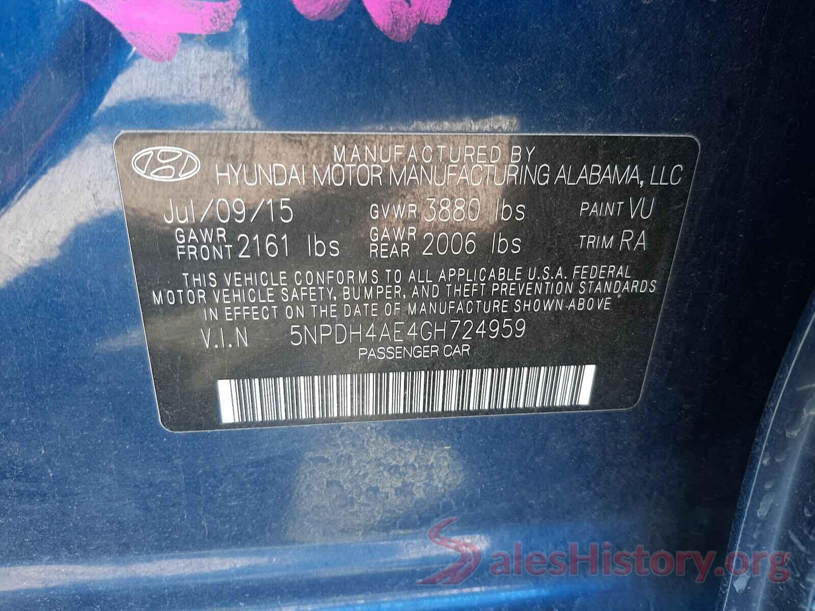 5NPDH4AE4GH724959 2016 HYUNDAI ELANTRA