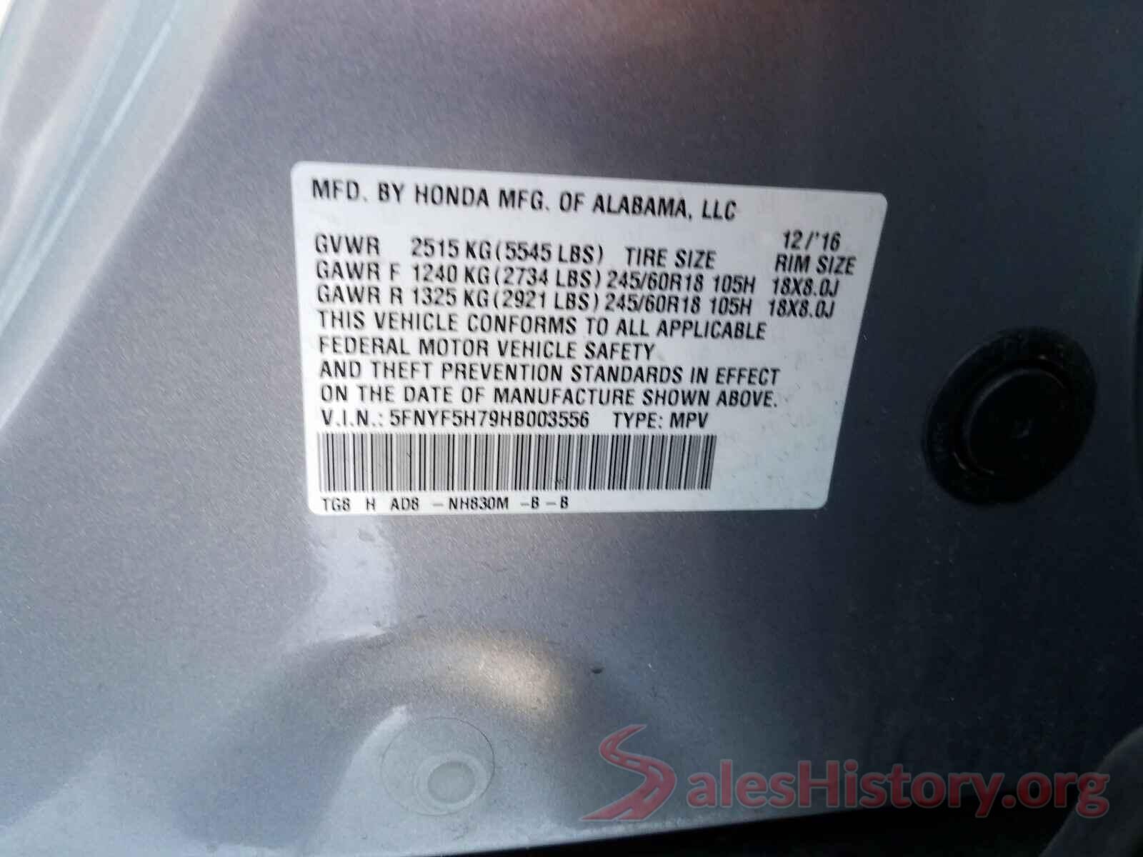 5FNYF5H79HB003556 2017 HONDA PILOT