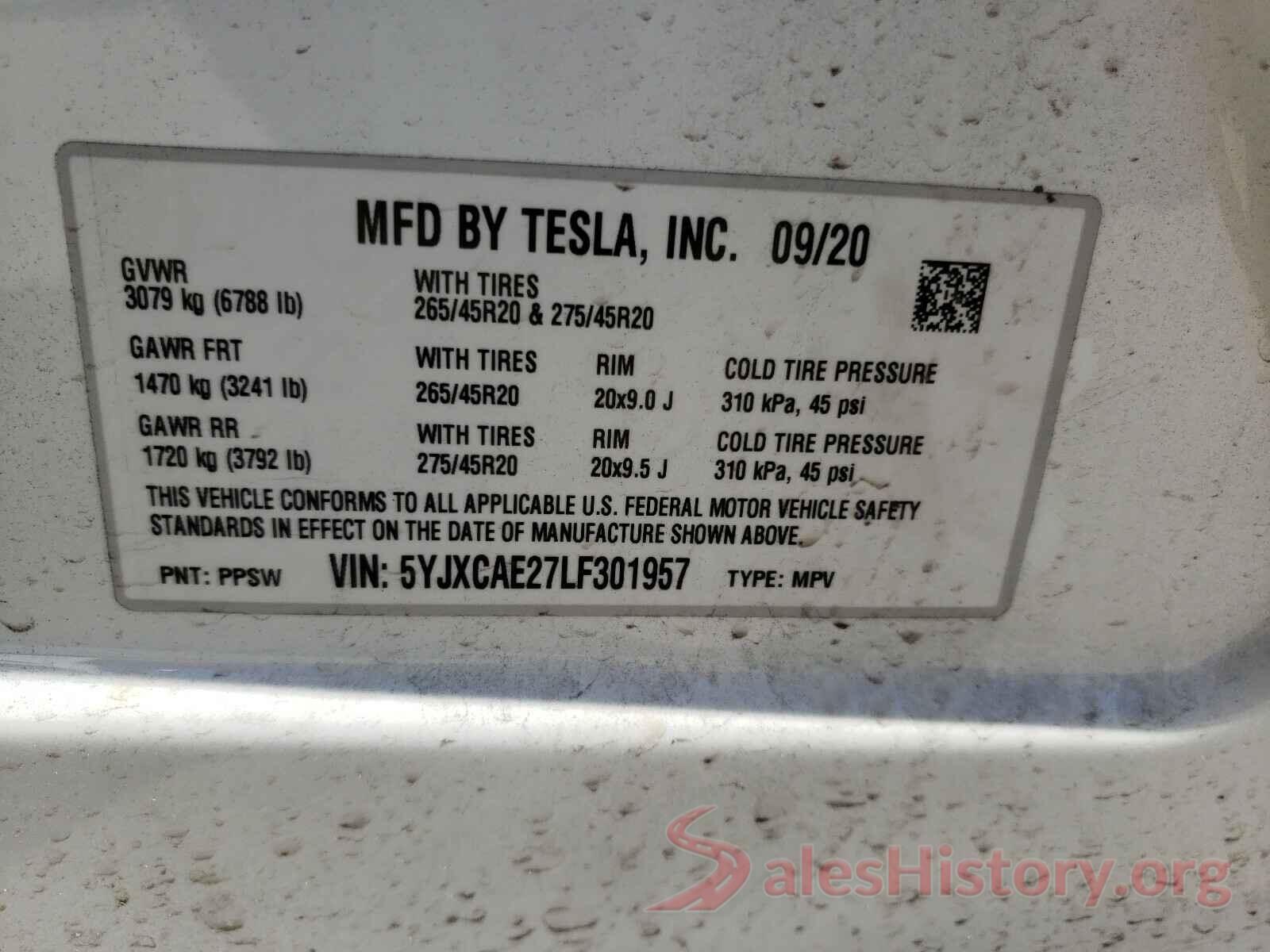 5YJXCAE27LF301957 2020 TESLA MODEL X