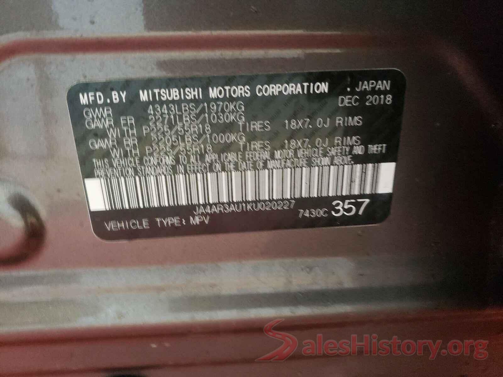 JA4AR3AU1KU020227 2019 MITSUBISHI OUTLANDER