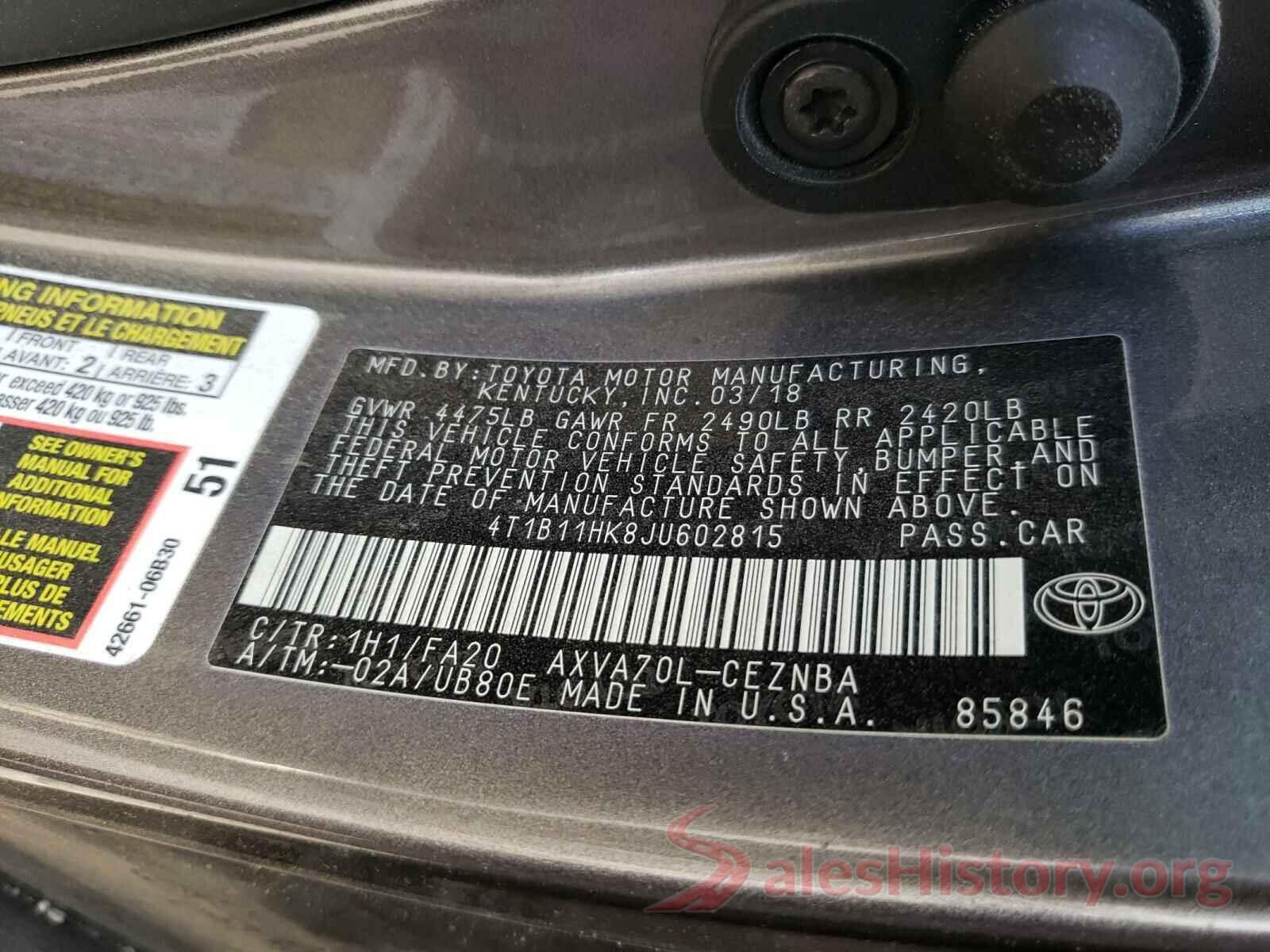 4T1B11HK8JU602815 2018 TOYOTA CAMRY